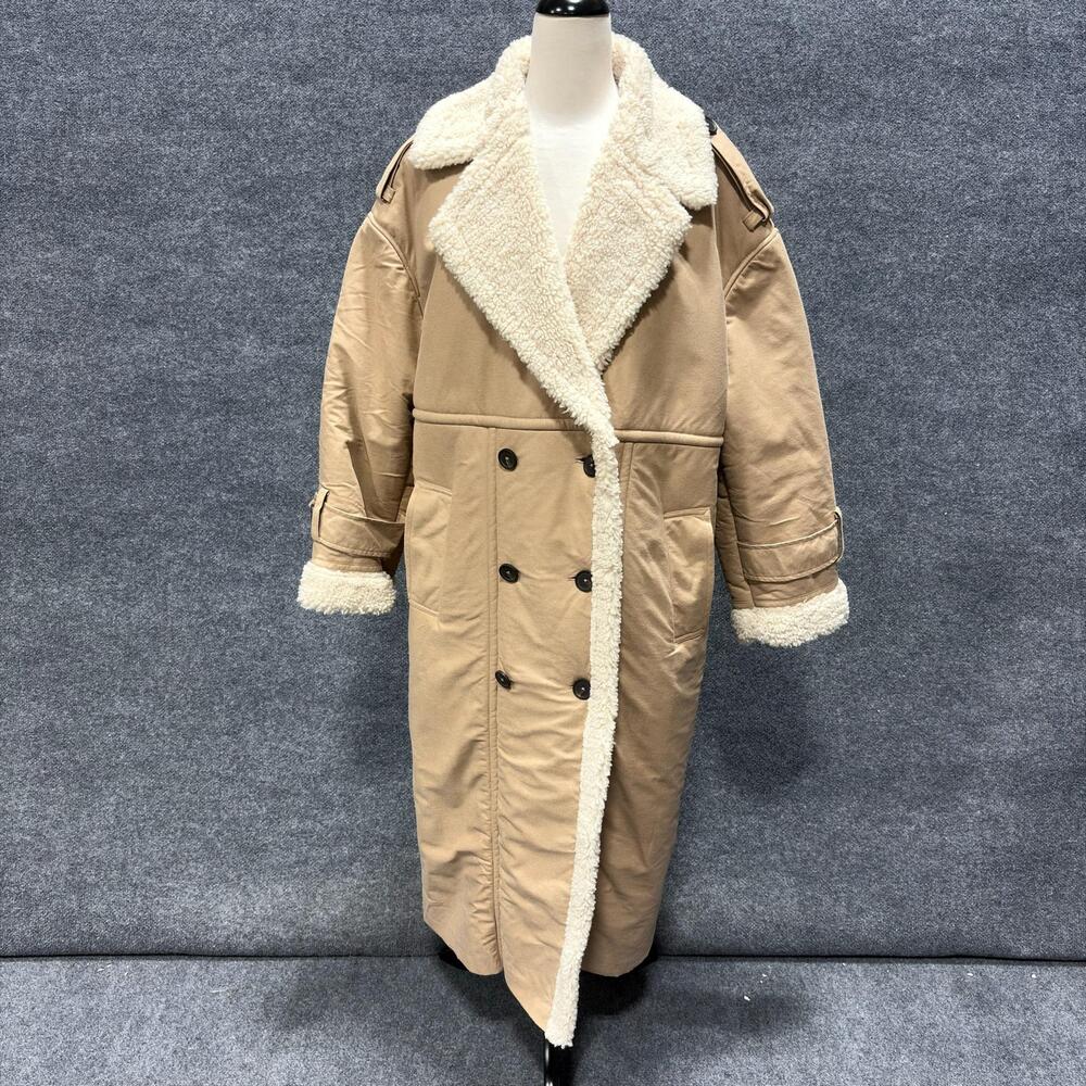 Great Jones Coat Womens XL Beige Long Sherpa Lined Trench Double Breasted